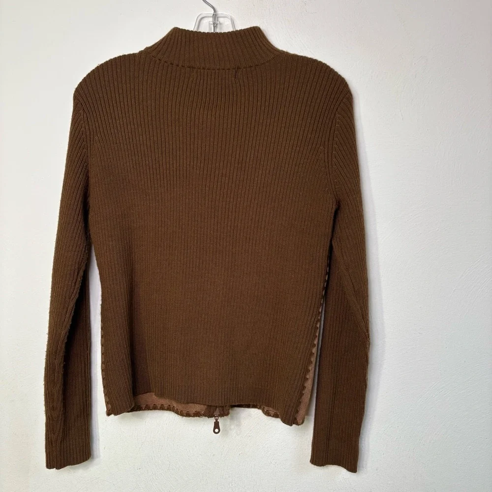 Vintage Wool Blend Suede Leather Patchwork Zip Cardigan Jacket Sweater Boho 70s - Picture 13 of 16